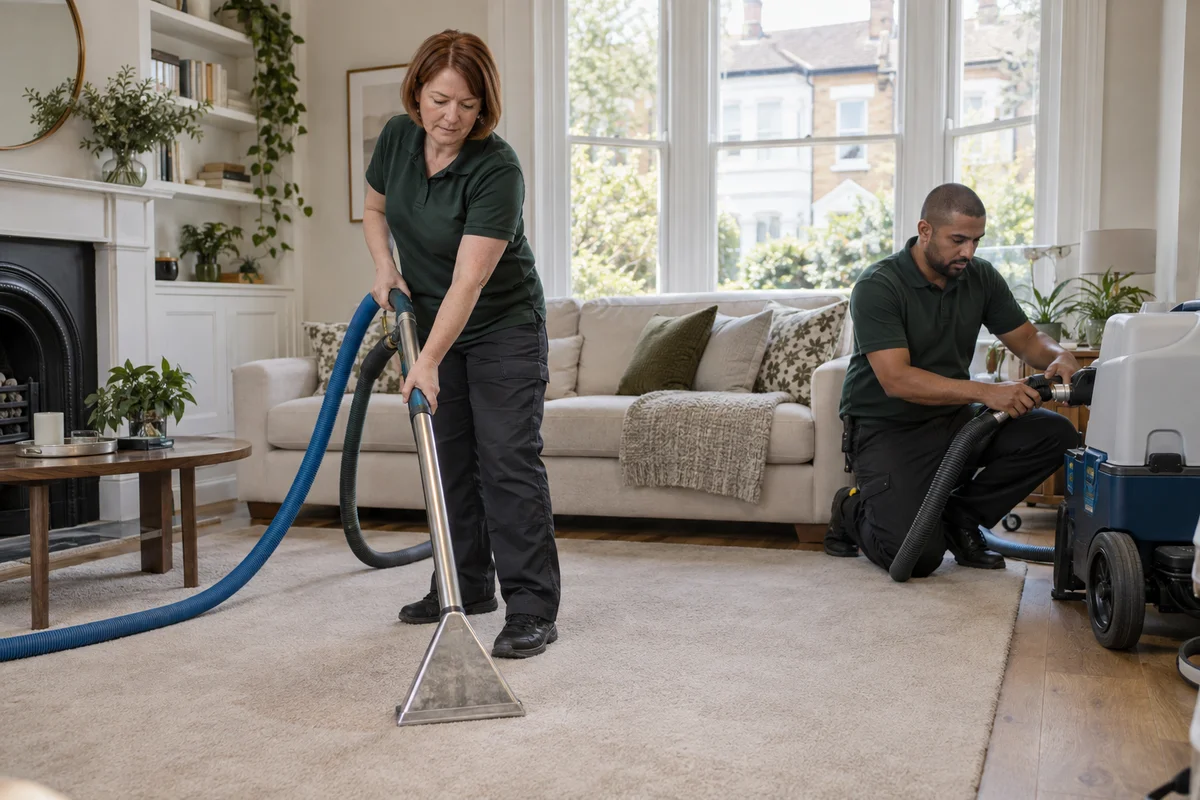 Illustrative image of two cleaners working on carpet and upholstery
